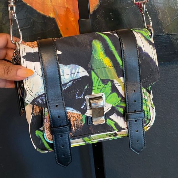 Proenza Schouler PS1 Tropical Print Nylon Pouch Crossbody Bag Ecru Multi Flawed - Picture 5 of 16